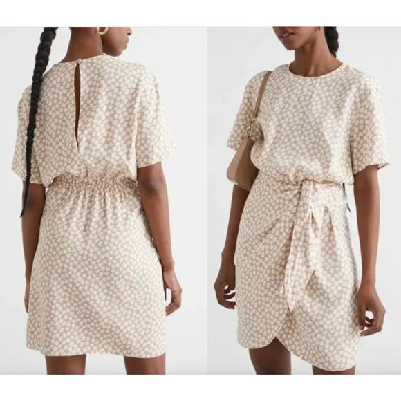 & Other Stories | Tan and White Knot Detail Faux Wrap Mini Dress | Sz 4 - Picture 1 of 12